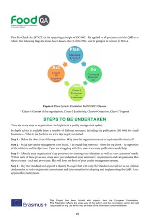 26
This Project has been funded with support form the European Commission.
This Publication reflects the views only of the author, and the commission cannot be held
responsible for any use Which may be made of the information contained therein
Plan-Do-Check-Act (PDCA) is the operating principle of ISO 9001. It’s applied to all processes and the QMS as a
whole. The following diagram shows how Clauses 4 to 10 of ISO 9001 can be grouped in relation to PDCA.
Figure 4: Pdca Cycle In Correlation To ISO 9001 Clauses
* Clause 4 Context of the organization, Clause 5 Leadership, Clause 6 Operation, Clause 7 Support
Steps To Be Undertaken
There are many ways an organization can implement a quality management system.
In-depth advice is available from a number of different resources, including the publication ISO 9001 for small
businesses – What to do, but here are a few tips to get you started.
Step 1 – Define the objectives of the organization. Why does the organization want to implement the standard?
Step 2 – Make sure senior management is on board. It is crucial that everyone – from the top down – is supportive
of the initiative and its objectives. If you are struggling with this, several accurate publications could help.
Step 3 – Identify your organization’s key processes for meeting your objectives as well as your customers’ needs.
Within each of these processes, make sure you understand your customers’ requirements and can guarantee that
these are met – each and every time. This will form the basis of your quality management system.
Step 4 – Buy the Standard and appoint a Quality Manager that will study the Standard and will act as an internal
Ambassador in order to generate commitment and determination for adopting and implementing the QMS. Also,
appoint the Quality team.
 