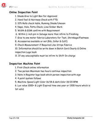17 | P a g e Q u a l i t y A s s u r a n c e D e p a r t m e n t
Page 17 of 33 Chaity Composite Ltd
Online Inspection Point
1. Shade Give to Light Box for Approved
2. Hand feel & Hairiness Check with FTD
3. 10% Rolls check table, Running Shade/Uneven
4. Naps, Hole, Patta Check, Line/Sinker Mark
5. Width & GSM confirm with Requirement
6. Within ½ inch pin in Selvage more than infirm to Finishing
7. Give to one meter fabrics Laboratory for Test, Shrinkage/Fastness
8. Accessories available or not (Rib, Collar & Cuff)
9. Check Measurement if Required Like Stripe Fabrics
10. Information should be write down in Batch Card Clearly & Online
inspection Loge book
11. If any unacceptable must be infirm to Shift In-charge
Inspection Machine Point
1. First Check online information
2. Two person Maximum two hours continue inspection
3. Note in Register loge book which person inspection with sign
4. 4 point system follows
5. Machine Speed Light Color 16/18 & dark Color 18/20 RPM
6. Lux value 1000+ & Light Expired time one year or 1300 hours which is
1st valid
 