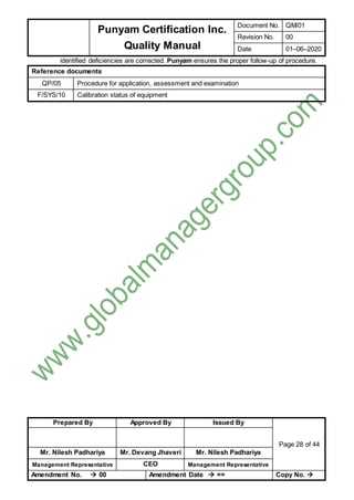 Punyam Certification Inc.
Quality Manual
Document No. QM/01
Revision No. 00
Date 01–06–2020
Prepared By Approved By Issued By
Page 28 of 44
Mr. Nilesh Padhariya Mr. Devang Jhaveri Mr. Nilesh Padhariya
Management Representative CEO Management Representative
Amendment No.  00 Amendment Date  == Copy No. 
identified deficiencies are corrected. Punyam ensures the proper follow-up of procedure.
Reference documents
QP/05 Procedure for application, assessment and examination
F/SYS/10 Calibration status of equipment
 