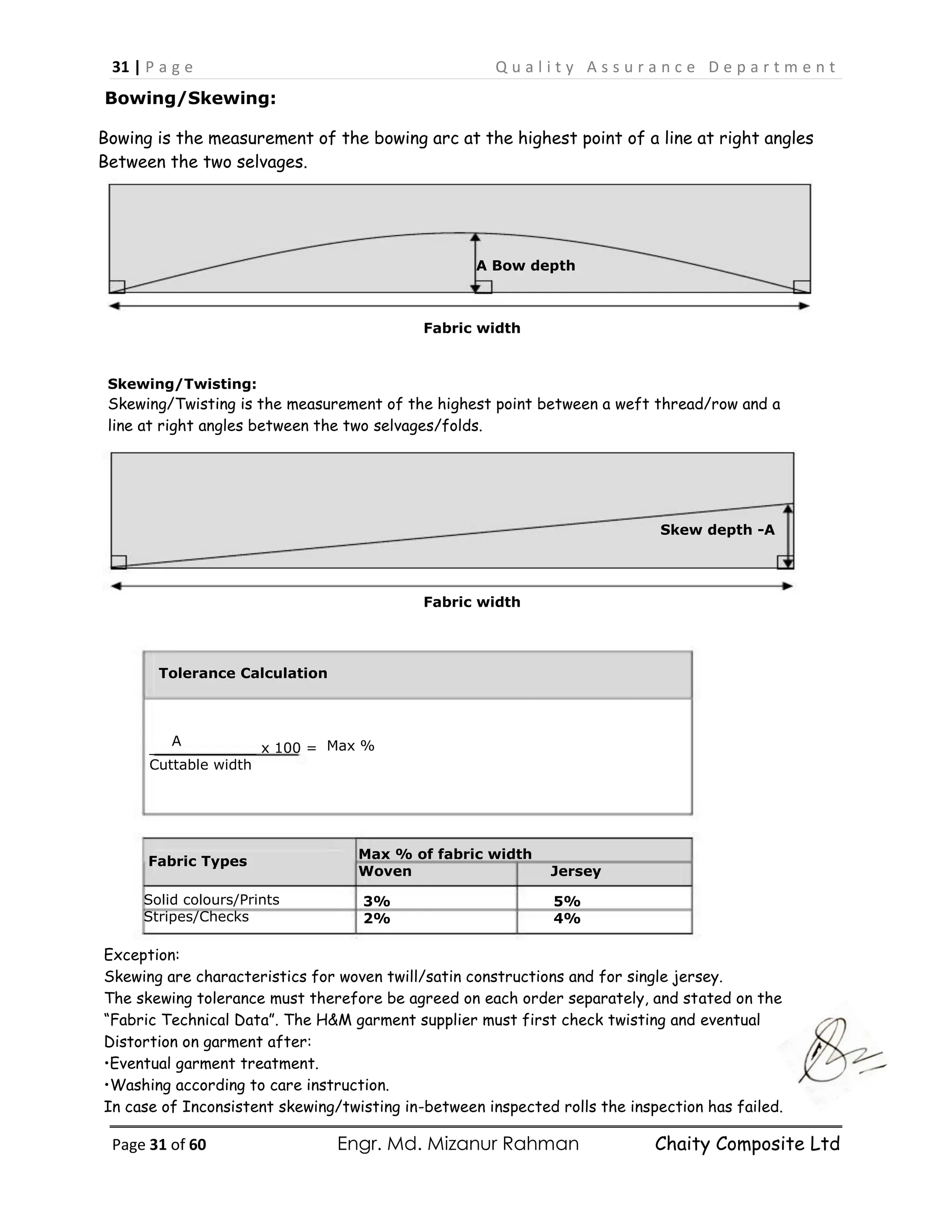 31 | P a g e Q u a l i t y A s s u r a n c e D e p a r t m e n t
Page 31 of 60 Engr. Md. Mizanur Rahman Chaity Composite Ltd
Bowing/Skewing:
Bowing is the measurement of the bowing arc at the highest point of a line at right angles
Between the two selvages.
A Bow depth
Fabric width
Skewing/Twisting:
Skewing/Twisting is the measurement of the highest point between a weft thread/row and a
line at right angles between the two selvages/folds.
Skew depth -A
Fabric width
Tolerance Calculation
____________ x 100 =
Cuttable width
A Max %
Solid colours/Prints
Stripes/Checks
Exception:
Skewing are characteristics for woven twill/satin constructions and for single jersey.
The skewing tolerance must therefore be agreed on each order separately, and stated on the
“Fabric Technical Data”. The H&M garment supplier must first check twisting and eventual
Distortion on garment after:
•Eventual garment treatment.
•Washing according to care instruction.
In case of Inconsistent skewing/twisting in-between inspected rolls the inspection has failed.
Rolls exceeding these tolerances have failed.
Fabric Types
Max % of fabric width
Woven Jersey
3% 5%
2% 4%
 