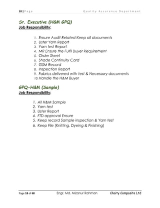 18 | P a g e Q u a l i t y A s s u r a n c e D e p a r t m e n t
Page 18 of 60 Engr. Md. Mizanur Rahman Chaity Composite Ltd
Sr. Executive (H&M GPQ)
Job Responsibility:
1. Ensure Audit Related Keep all documents
2. Uster Yarn Report
3. Yarn test Report
4. MR Ensure the Fulfil Buyer Requirement
5. Order Sheet
6. Shade Continuity Card
7. GSM Record
8. Inspection Report
9. Fabrics delivered with test & Necessary documents
10.Handle the H&M Buyer
GPQ-H&M (Sample)
Job Responsibility:
1. All H&M Sample
2. Yarn test
3. Uster Report
4. FTD approval Ensure
5. Keep record Sample inspection & Yarn test
6. Keep File (Knitting, Dyeing & Finishing)
 