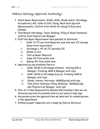 24 | P a g e Q u a l i t y A s s u r a n c e D e p a r t m e n t
Page 24 of 60 Engr. Md. Mizanur Rahman Chaity Composite Ltd
Fabrics Delivery Approval Authority:
1. Check Buyer Requirement, Width, GSM, Shade match, Shrinkage,
Accessories ( Rib, Collar & Cuff, Piping, Back neck tap with
Measurement)- Confirm from Online In-charge & Executive
(Shade)
2. Test Result (Shrinkage, Twist, Rubbing, Pilling & Wash Fastness)-
confirm from Physical Lab Manager
3. Fulfil the Buyer Requirement then possible to Delivered
i. GSM- 5-7% Low from Required, plus side max 2% average
below from requirement
ii. Shrinkage L-4% W-7% Spirality 5%
iii. Width ±1 inch
iv. Test as Buyer Required
v. Angle 5% from width wise
vi. Bowing 5% from width wise
4. Approved by any problems fabrics–
i. GSM, Width & Shrinkage (Cotton) - Knitting GM &
Manager, Finishing AGM & Manager with Sign.
ii. GSM, Width & Shrinkage (Lycra)- Finishing AGM &
Manager with Sign
iii. Shade, Uneven, Hairiness- AGM(Dyeing) with sign
iv. Test (Color Fastness, Pilling, Rubbing)- AGM(Dyeing),
also Physical Lab Manager with sign
5. Over all if take Responsibility Related Merchandiser then we can
delivered any kind of problems fabrics but need to take sign.
6. Any person given the approval then we send mail to related person
in the department
7. Without proper inspection not a single kg fabrics delivered
 