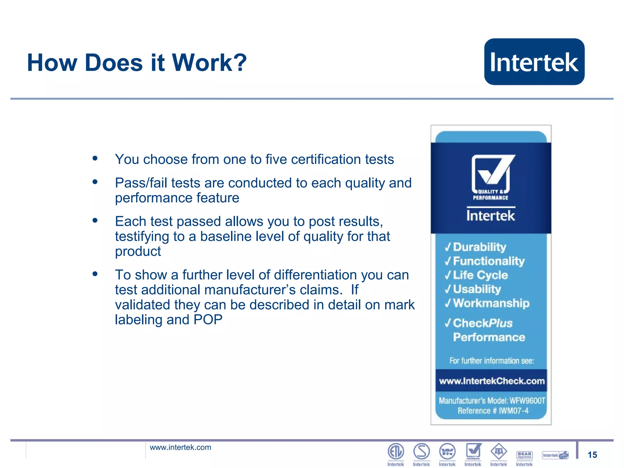 How Does it Work?


     •   You choose from one to five certification tests
     •   Pass/fail tests are conducted to each quality and
         performance feature
     •   Each test passed allows you to post results,
         testifying to a baseline level of quality for that
         product
     •   To show a further level of differentiation you can
         test additional manufacturer’s claims. If
         validated they can be described in detail on mark
         labeling and POP




               www.intertek.com
                                                              15
 