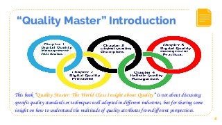 “Quality Master” Introduction
This book “Quality Master: The World Class Insight about Quality” is not about discussing
specific quality standards or techniques well adopted in different industries, but for sharing some
insight on how to understand the multitude of quality attributes from different perspectives.
4
 