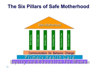 The Six Pillars of Safe Motherhood

STD-HIV Control

Post-Abortion Care

Post-Natal Care

Obstetric Care

Ante-Natal Care

Birth Spacing

Safe Motherhood

Communication for Behavior Change

Primary Health Care
Equity and Education for Women
25 |

 