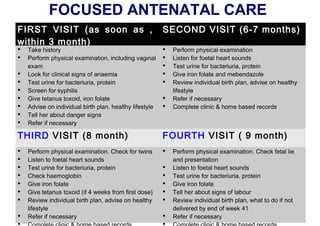 FOCUSED ANTENATAL CARE
FIRST VISIT (as soon as ,
within 3 month)











Take history
Perform physical examination, including vaginal
exam
Look for clinical signs of anaemia
Test urine for bacteriuria, protein
Screen for syphilis
Give tetanus toxoid, iron folate
Advise on individual birth plan, healthy lifestyle
Tell her about danger signs
Refer if necessary
Complete clinic & home based records







Perform physical examination. Check for twins
Listen to foetal heart sounds
Test urine for bacteriuria, protein
Check haemoglobin
Give iron folate
Give tetanus toxoid (if 4 weeks from first dose)
Review individual birth plan, advise on healthy
lifestyle
Refer if necessary



THIRD VISIT (8 month)








SECOND VISIT (6-7 months)


 44 |




Perform physical examination
Listen for foetal heart sounds
Test urine for bacteriuria, protein
Give iron folate and mebendazole
Review individual birth plan, advise on healthy
lifestyle
Refer if necessary
Complete clinic & home based records

FOURTH VISIT ( 9 month)









Perform physical examination. Check fetal lie
and presentation
Listen to foetal heart sounds
Test urine for bacteriuria, protein
Give iron folate
Tell her about signs of labour
Review individual birth plan, what to do if not
delivered by end of week 41
Refer if necessary

 