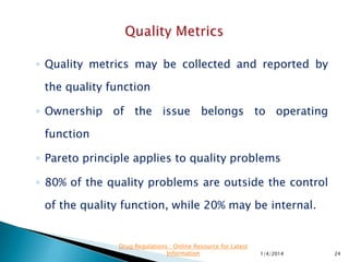 ◦ Establish Quality performance metrics based on
linkages to organizational objectives.
◦ Link to product or service performance, quality
costs, quality improvement and customer
satisfaction.
◦ Share the Quality goals across the organization.
11/28/2015 24
Drug Regulations : Online Resource for Latest
Information
 