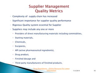 Process Measure Method Other Considerations
Frequency of complaints by
product
Trend
Pareto
Frequency of complaints by
nature of complaint
Trend
Pareto
% of complaints closed within
defined timeframe
Trend Evaluate any complaints that are open
for extended periods of time
Regulatory notification filing
timeliness
Trend
11/28/2015 43
Drug Regulations : Online Resource for Latest
Information
 