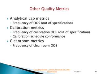 Outcome Measure Method Other Considerations
Frequency of non-conformances
due to supplier
Trend
Pareto
Evaluate overall and by supplier
Frequency of Incoming testing
failures
Trend
Pareto
Evaluate overall and by supplier
Frequency of In-process failures due
to supplier
Trend
Pareto
Evaluate overall and by supplier
11/28/2015 48
Drug Regulations : Online Resource for Latest
Information
Process Measure Method Other Considerations
Timeliness of internal supplier
audits against schedule
Trend
Pareto
 