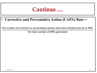 • Corrective and Preventative Action (CAPA) Rate =
the number of corrective or preventative actions that were initiated due to an APR,
the total number of APRs generated.
123/7/2016
 