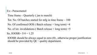 Ex:- Paracetamol
Time frame – Quarterly ( jan to march)
Tot. No. Of batches started for mfg in time frame – 100
No. Of confirmed OOS ( Batch release + long term) =4
No. of tot. invalidations ( Batch release + long term) =5
So, IOOSR= 5/4 = 1.25
IOOSR should be always equal to zero (0) , otherwise proper justification
should be provided by QC / quality department.
4/6/2022 DHRUVI MACHHI 11
 