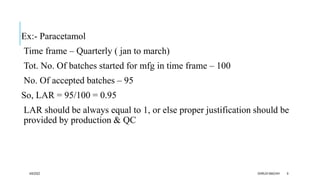 Ex:- Paracetamol
Time frame – Quarterly ( jan to march)
Tot. No. Of batches started for mfg in time frame – 100
No. Of accepted batches – 95
So, LAR = 95/100 = 0.95
LAR should be always equal to 1, or else proper justification should be
provided by production & QC
4/6/2022 DHRUVI MACHHI 9
 