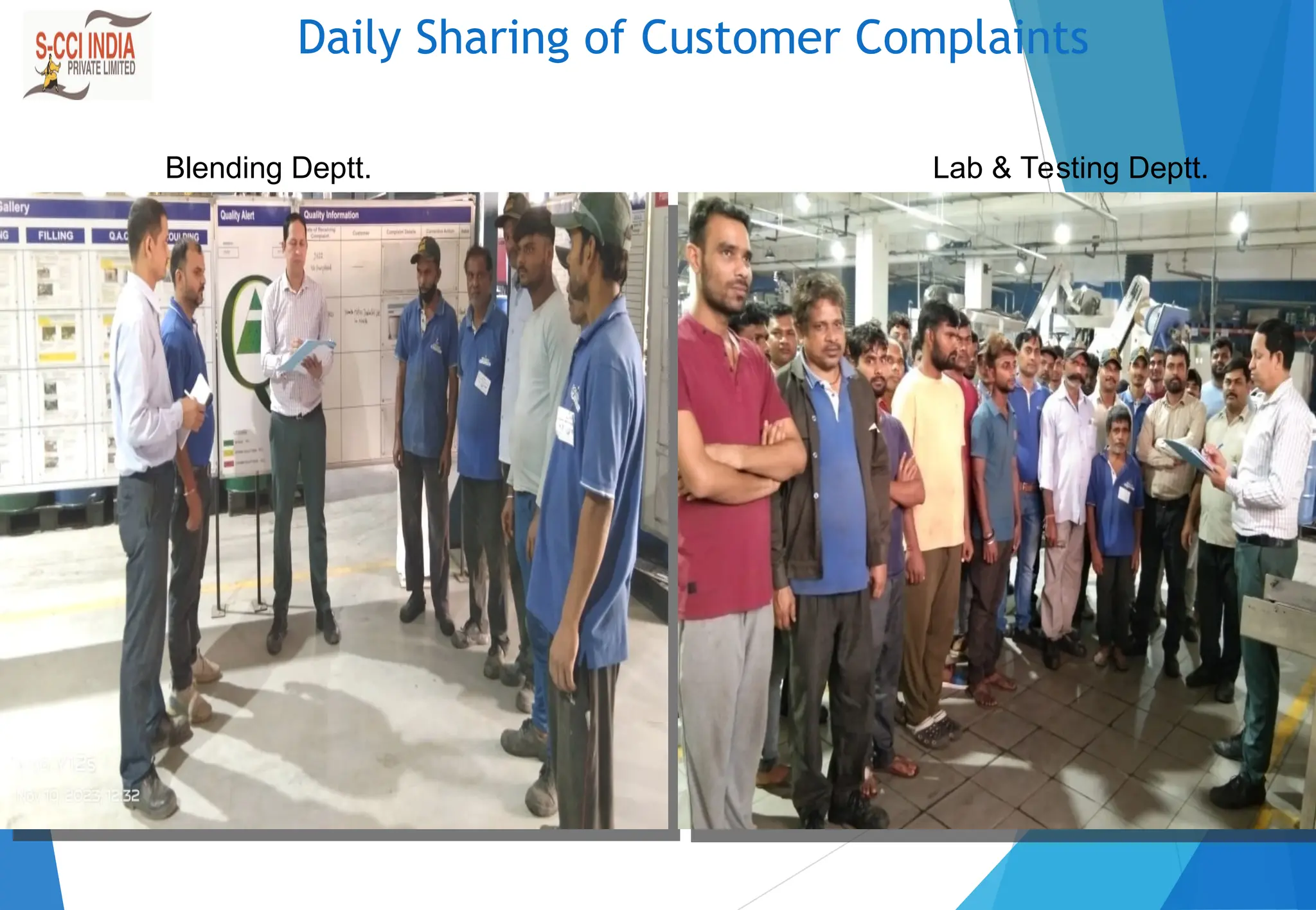 Daily Sharing of Customer Complaints
Blending Deptt. Lab & Testing Deptt.
 