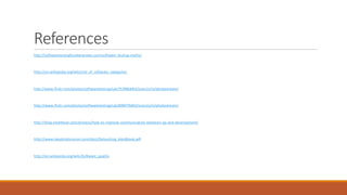 References
http://softwaretestingfundamentals.com/software-testing-myths/
http://en.wikipedia.org/wiki/List_of_software_categories
http://www.flickr.com/photos/softwaretestingclub/7579063452/sizes/o/in/photostream/
http://www.flickr.com/photos/softwaretestingclub/8396776442/sizes/o/in/photostream/
http://blog.smartbear.com/process/how-to-improve-communication-between-qa-and-development/
http://www.skepticalscience.com/docs/Debunking_Handbook.pdf
http://en.wikipedia.org/wiki/Software_quality
 