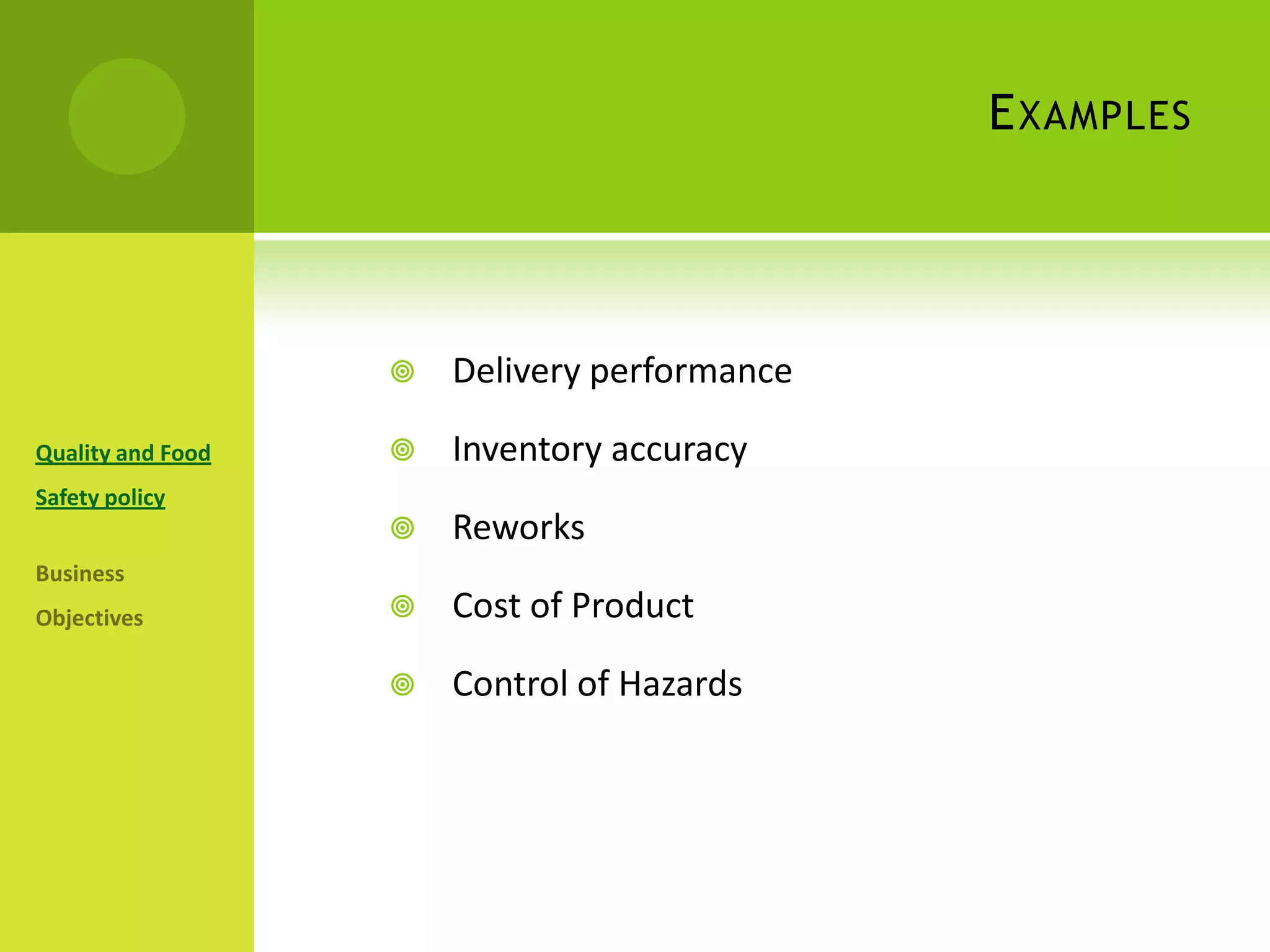 ExamplesDelivery performanceInventory accuracyReworksCost of ProductControl of HazardsQuality and Food Safety policy Business Objectives