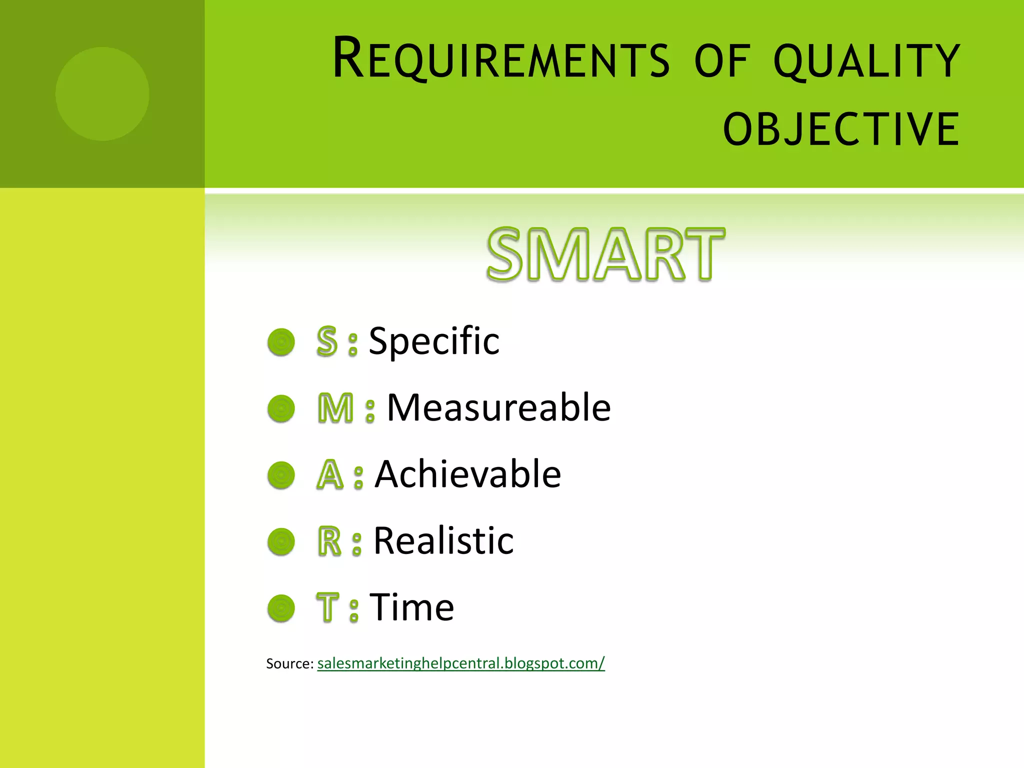 Requirements of quality objectiveSMARTS : SpecificM : MeasureableA : AchievableR : RealisticT : TimeSource: salesmarketinghelpcentral.blogspot.com/