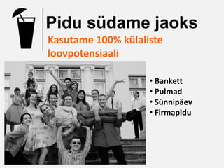 Pidu südame jaoks
Kasutame 100% külaliste
loovpotensiaali

                    • Bankett
                    • Pulmad
                    • Sünnipäev
                    • Firmapidu
 