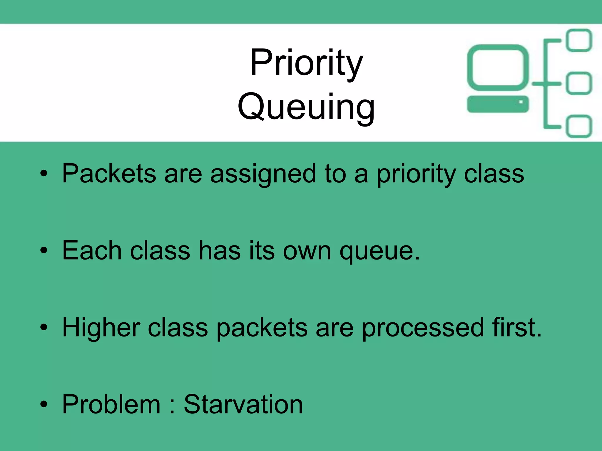 Priority
Queuing
• Packets are assigned to a priority class

• Each class has its own queue.
• Higher class packets are processed first.
• Problem : Starvation

 