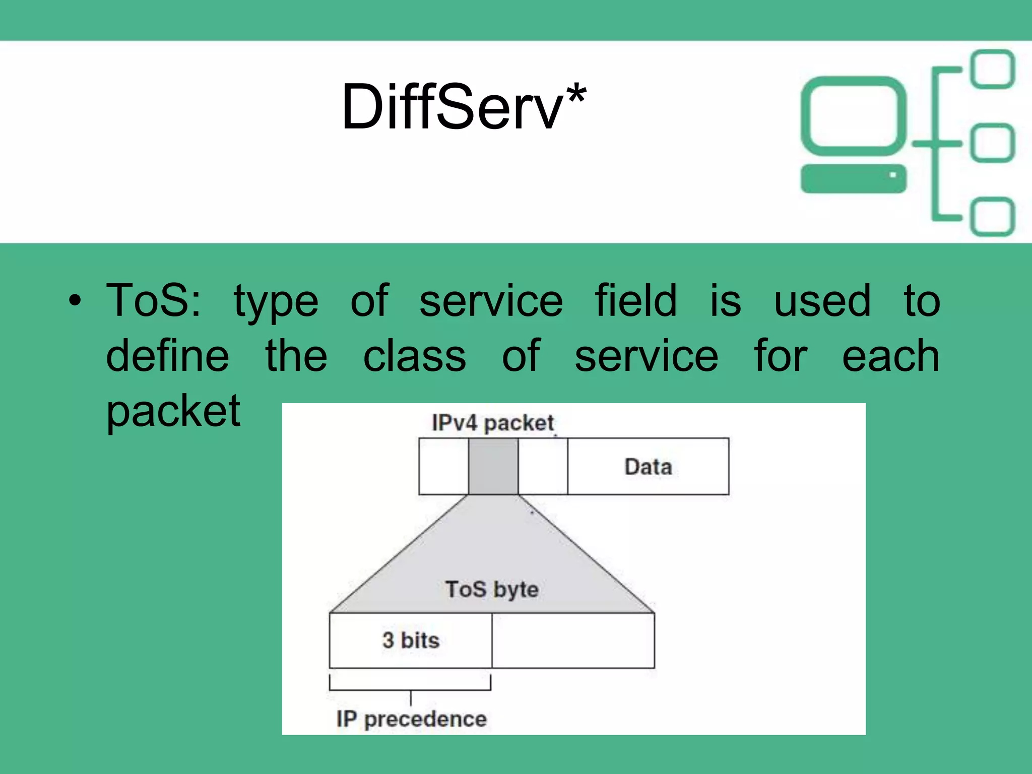 DiffServ*
• ToS: type of service field is used to
define the class of service for each
packet

 