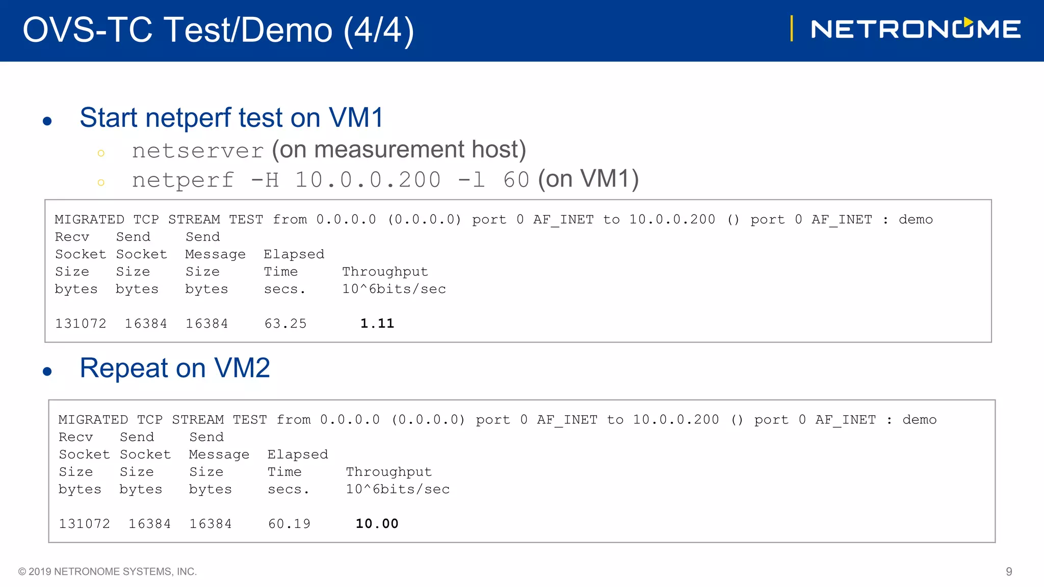 9© 2019 NETRONOME SYSTEMS, INC.
OVS-TC Test/Demo (4/4)
● Start netperf test on VM1
○ netserver (on measurement host)
○ netperf -H 10.0.0.200 -l 60 (on VM1)
● Repeat on VM2
MIGRATED TCP STREAM TEST from 0.0.0.0 (0.0.0.0) port 0 AF_INET to 10.0.0.200 () port 0 AF_INET : demo
Recv Send Send
Socket Socket Message Elapsed
Size Size Size Time Throughput
bytes bytes bytes secs. 10^6bits/sec
131072 16384 16384 63.25 1.11
MIGRATED TCP STREAM TEST from 0.0.0.0 (0.0.0.0) port 0 AF_INET to 10.0.0.200 () port 0 AF_INET : demo
Recv Send Send
Socket Socket Message Elapsed
Size Size Size Time Throughput
bytes bytes bytes secs. 10^6bits/sec
131072 16384 16384 60.19 10.00
 