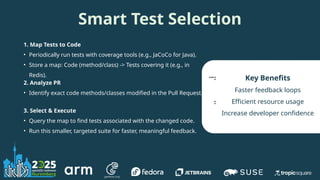 Smart Test Selection
1. Map Tests to Code
• Periodically run tests with coverage tools (e.g., JaCoCo for Java).
• Store a map: Code (method/class) -> Tests covering it (e.g., in
Redis).
Key Benefits
Faster feedback loops
Efficient resource usage
Increase developer confidence
2. Analyze PR
• Identify exact code methods/classes modified in the Pull Request.
3. Select & Execute
• Query the map to find tests associated with the changed code.
• Run this smaller, targeted suite for faster, meaningful feedback.
 