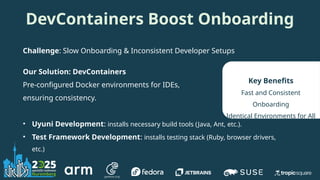 DevContainers Boost Onboarding
Challenge: Slow Onboarding & Inconsistent Developer Setups
Key Benefits
Fast and Consistent
Onboarding
Identical Environments for All
Our Solution: DevContainers
Pre-configured Docker environments for IDEs,
ensuring consistency.
• Uyuni Development: installs necessary build tools (Java, Ant, etc.).
• Test Framework Development: installs testing stack (Ruby, browser drivers,
etc.)
 
