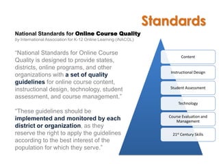 Standards
National Standards for Online Course Quality
by International Association for K-12 Online Learning (iNACOL)


“National Standards for Online Course
                                                                           Content
Quality is designed to provide states,
districts, online programs, and other
                                                                     Instructional Design
organizations with a set of quality
guidelines for online course content,
instructional design, technology, student                            Student Assessment

assessment, and course management.”
                                                                         Technology
“These guidelines should be
                                                                    Course Evaluation and
implemented and monitored by each                                       Management
district or organization, as they
reserve the right to apply the guidelines                             21st Century Skills
according to the best interest of the
population for which they serve.”
 