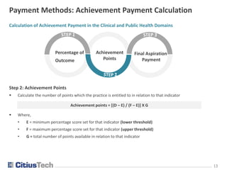1313
Calculation of Achievement Payment in the Clinical and Public Health Domains
Step 2: Achievement Points
 Calculate the number of points which the practice is entitled to in relation to that indicator
 Where,
• E = minimum percentage score set for that indicator (lower threshold)
• F = maximum percentage score set for that indicator (upper threshold)
• G = total number of points available in relation to that indicator
Achievement points = [(D – E) / (F – E)] X G
Payment Methods: Achievement Payment Calculation
Final Aspiration
Payment
Percentage of
Outcome
Achievement
Points
 