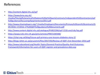 1919
References
 http://content.digital.nhs.uk/qof
 https://www.bma.org.uk/-
/media/files/pdfs/practical%20advice%20at%20work/contracts/independent%20contractors/qof
%20guidance/focusonqofpaymentsnov2013.pdf
 http://www.nhsemployers.org/~/media/Employers/Documents/Primary%20care%20contracts/Q
OF/2016-17/2016-17%20QOF%20guidance%20documents.pdf
 http://www.content.digital.nhs.uk/catalogue/PUB22266/qof-1516-anx3-dq-faq.pdf
 https://www.ncbi.nlm.nih.gov/pmc/articles/PMC5330348/
 https://chpi.org.uk/blog/future-qof-primary-care-lessons-diabetes-story-2/
 http://blogs.lshtm.ac.uk/prucomm/files/2017/02/Review-of-QOF-21st-December-2016.pdf
 http://www.isdscotland.org/Health-Topics/General-Practice/Quality-And-Outcomes-
Framework/Information-for-users-of-QOF-register-and-prevalence-data.asp
 