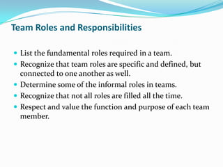 Intro- Team DevelopmentRecognize that teams mature over time and develop along commonly defined paths and milestones. 