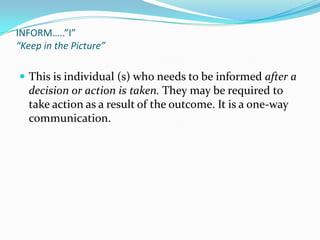 RESPONSIBLE…..”R”“The Doer”The “doer” is the individual(s) who actually complete the task. The “doer” Is responsible for action/implementation. Responsibility can be shared. The degree of responsibility is determined by the individual with the “A”.
