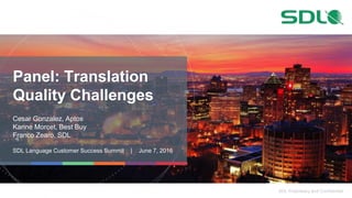 SDL Proprietary and Confidential
Panel: Translation
Quality Challenges
Cesar Gonzalez, Aptos
Karine Morcet, Best Buy
Franco Zearo, SDL
SDL Language Customer Success Summit | June 7, 2016
 