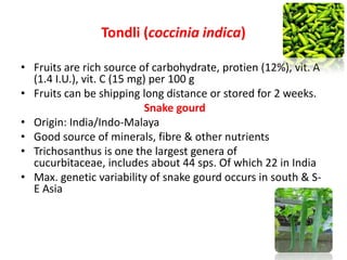 Tondli (coccinia indica)
• Fruits are rich source of carbohydrate, protien (12%), vit. A
(1.4 I.U.), vit. C (15 mg) per 10...