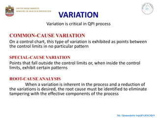 VARIATION
Variation is critical in QPI process
COMMON-CAUSE VARIATION
On a control chart, this type of variation is exhibited as points between
the control limits in no particular pattern
SPECIAL-CAUSE VARIATION
Points that fall outside the control limits or, when inside the control
limits, exhibit certain patterns
ROOT-CAUSE ANALYSIS
When a variation is inherent in the process and a reduction of
the variations is desired, the root cause must be identified to eliminate
tampering with the effective components of the process
 