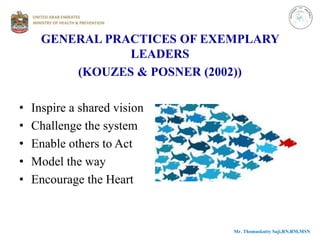 GENERAL PRACTICES OF EXEMPLARY
LEADERS
(KOUZES & POSNER (2002))
• Inspire a shared vision
• Challenge the system
• Enable others to Act
• Model the way
• Encourage the Heart
Mr. Thomaskutty Saji,RN,RM,MSN
 