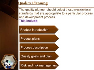 Quality Planning
The quality planner should select those organizational
standards that are appropriate to a particular process
and development process.
This include:

 Product Introduction

 Product plans

 Process description

 Quality goals and plan

             Short as possible
 Risk and risk management
 