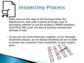  Make notes on the copy of the Purchase Order the 
Manufacturer, date code, Country of Origin, type of 
packaging, whether or not the product is ROHS compliant 
(lead free), MSL Level, the date & quantity received and 
damage (if any). 
 As you can see, from choosing a supplier, to our thorough 
inspection process, we are doing everything we can in order 
to protect our customers from counterfeit, or poor quality 
parts. 
 