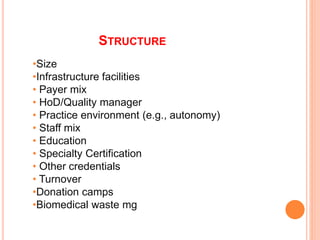 STRUCTURE
•Size
•Infrastructure facilities
• Payer mix
• HoD/Quality manager
• Practice environment (e.g., autonomy)
• Staff mix
• Education
• Specialty Certification
• Other credentials
• Turnover
•Donation camps
•Biomedical waste mg
 