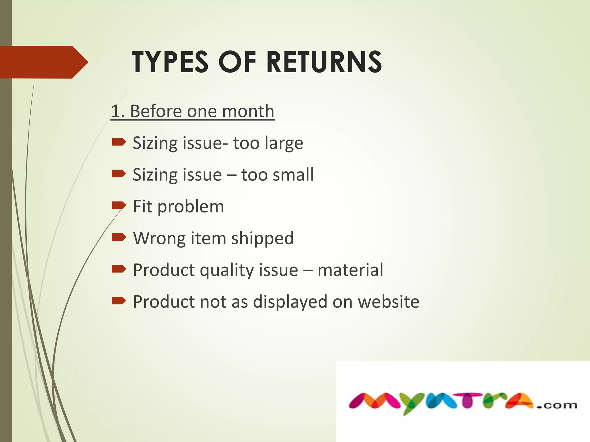 TYPES OF RETURNS 
1. Before one month 
 Sizing issue- too large 
 Sizing issue – too small 
 Fit problem 
 Wrong item shipped 
 Product quality issue – material 
 Product not as displayed on website 
 