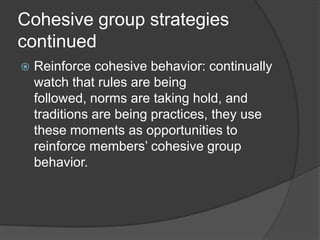 Cohesive group strategies continuedReinforce cohesive behavior: continually watch that rules are being followed, norms are taking hold, and traditions are being practices, they use these moments as opportunities to reinforce members’ cohesive group behavior.