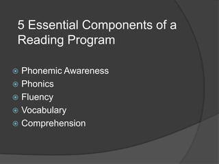 5 Essential Components of a Reading ProgramPhonemic AwarenessPhonicsFluencyVocabularyComprehension