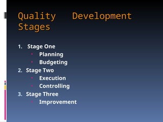 Quality Development
Quality Development
Stages
Stages
1. Stage One
• Planning
• Budgeting
2. Stage Two
• Execution
• Controlling
3. Stage Three
• Improvement
 