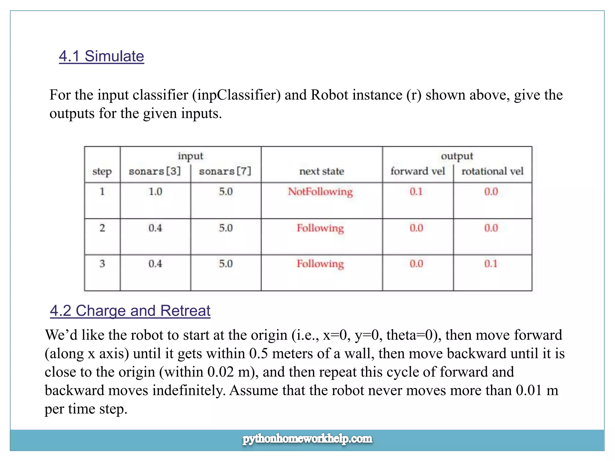 4.1 Simulate For the input classifier (inpClassifier) and Robot instance (r) shown above, give the outputs for the given inputs. 4.2 Charge and Retreat We’d like the robot to start at the origin (i.e., x=0, y=0, theta=0), then move forward (along x axis) until it gets within 0.5 meters of a wall, then move backward until it is close to the origin (within 0.02 m), and then repeat this cycle of forward and backward moves indefinitely. Assume that the robot never moves more than 0.01 m per time step. 