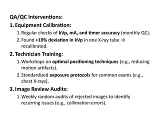 QA/QC Interventions:
1.Equipment Calibration:
1.Regular checks of kVp, mA, and timer accuracy (monthly QC).
2.Found +10% deviation in kVp in one X-ray tube →
recalibrated.
2.Technician Training:
1.Workshops on optimal positioning techniques (e.g., reducing
motion artifacts).
2.Standardized exposure protocols for common exams (e.g.,
chest X-rays).
3.Image Review Audits:
1.Weekly random audits of rejected images to identify
recurring issues (e.g., collimation errors).
 