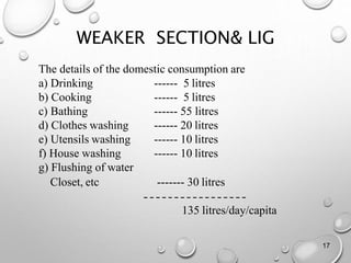 WEAKER SECTION& LIG
The details of the domestic consumption are
------ 5 litres
------ 5 litres
------ 55 litres
------ 20 litres
------ 10 litres
------ 10 litres
a) Drinking
b) Cooking
c) Bathing
d) Clothes washing
e) Utensils washing
f) House washing
g) Flushing of water
Closet, etc ------- 30 litres
135 litres/day/capita
17
 