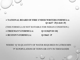 NATIONAL BOARD OF FIRE UNDER WRITERS FORMULA:
Q=4637 √P[1-0.01√P]
(THIS FORMULA IS NOT SUITABLE FOR INDIAN CONDITION.)
FREEMAN’S FORMULA: Q=1136[P/10+10]
BUSTON’S FORMULA: Q=5663 √P
WHERE ‘Q’ IS QUANTITY OF WATER REQUIRED IN LITRES/MIN
‘P’ IS POPULATION OF TOWN OR CITY IN THOUSANDS
 
