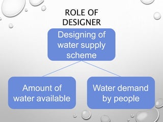 ROLE OF
DESIGNER
Designing of
water supply
scheme
Amount of
water available
Water demand
by people
 