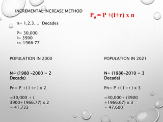 INCREMENTAL INCREASE METHOD
n= 1,2,3…. Decades
P= 30,000
I= 3900
r= 1966.77
POPULATION IN 2000
N= (1980 -2000 = 2
Decade)
Pn= P +( I +r ) x 2
=30,000 + (
3900+1966.77) x 2
= 41,733
POPULATION IN 2021
N= (1980-2010 = 3
Decade)
Pn= P +( I +r ) x 3
=30,000+ (3900
+1966.67) x 3
= 47,600
Pn = P +(I+r) x n
 