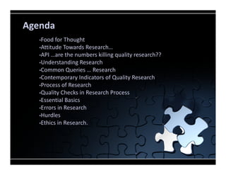 Agenda
Food for Thought
Attitude Towards Research…
API …are the numbers killing quality research??
Understanding Research
...