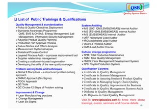 q List of Public Trainings & Qualifications
16	
  
System Auditing
Ø IMS (9001 QMS,EMS&OHSAS) Internal Auditor
Ø IMS (TS16949,EMS&OHSAS) Internal Auditor
Ø IMS (EMS&OHSAS) Internal Auditor
Ø IATF recognized Lead Auditor
Ø IRCA accredited Lead Auditor
Ø VDA 6.3 Process Auditor
Ø QMS Lead Auditor Course
Cultural change programme
Ø TPM: Total Productive Maintenance
Ø TQM: Total Quality Management
Ø FMDS: Floor Management Development System
Ø TPS: Toyota Production System
Qualification Courses:
Ø Certiﬁcate	
  in	
  Quality	
  Management	
  
Ø Certiﬁcate	
  in	
  Systems	
  Management	
  
Ø Certiﬁcate	
  in	
  Assuring	
  Service	
  &	
  Product	
  Quality	
  
Ø Certiﬁcate	
  in	
  Managing	
  Supply	
  Chain	
  Quality	
  
Ø Certiﬁcate	
  in	
  Quality	
  Improvement	
  for	
  Business	
  
Ø Certiﬁcate	
  in	
  Quality	
  Management	
  Systems	
  Audit	
  
Ø Diploma	
  in	
  Quality	
  Management	
  
Ø PG	
  Diploma	
  in	
  Total	
  Quality	
  Management	
  	
  
Visit to www.qsbasics.com.to know more about
trainings, events, seminars and Course details.
Quality Management & standardization
Ø Policy & Quality Objectives Deployment
Ø Standards Awareness Programme:
QMS, EMS & OHSAS, Energy Management, Lab
Management, Information Security Management
Ø Advance Product Quality Planning
Ø Production Part Approval Process
Ø Failure Modes and Effects Analysis
Ø Measurement System Analysis
Ø Statistical Process Control
Ø Layered Process Audit – a process improvement tool
Ø Supplier relationship management
Ø Creating a customer-focused organisation
Ø Developing the skills of the new quality manager
Problem solving tools and techniques
Ø Global 8 Disciplines – a structured problem solving
approach
Ø DMAIC Approach (Six Sigma)
Ø PDCA Approach
Ø QC Tools
Ø QC Circles-12 Steps of Problem solving
Improvement & Change
Ø Lean Manufacturing practices
Ø Change Management
Ø Lean Six Sigma
QSB
Quality System Basics
 